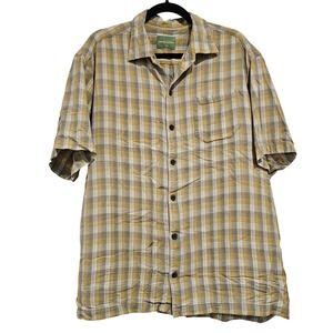 Tommy Bahama Mens 100% Silk Plaid Yellow Grey Short Sleeve Button Up XL